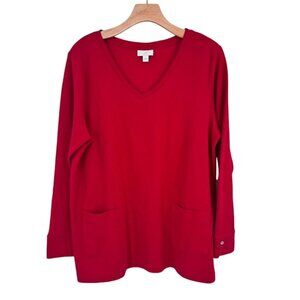 J Jill Womens Red ribbed  V-Neck Long Sleeve Top shirt tunic Pockets Size Large